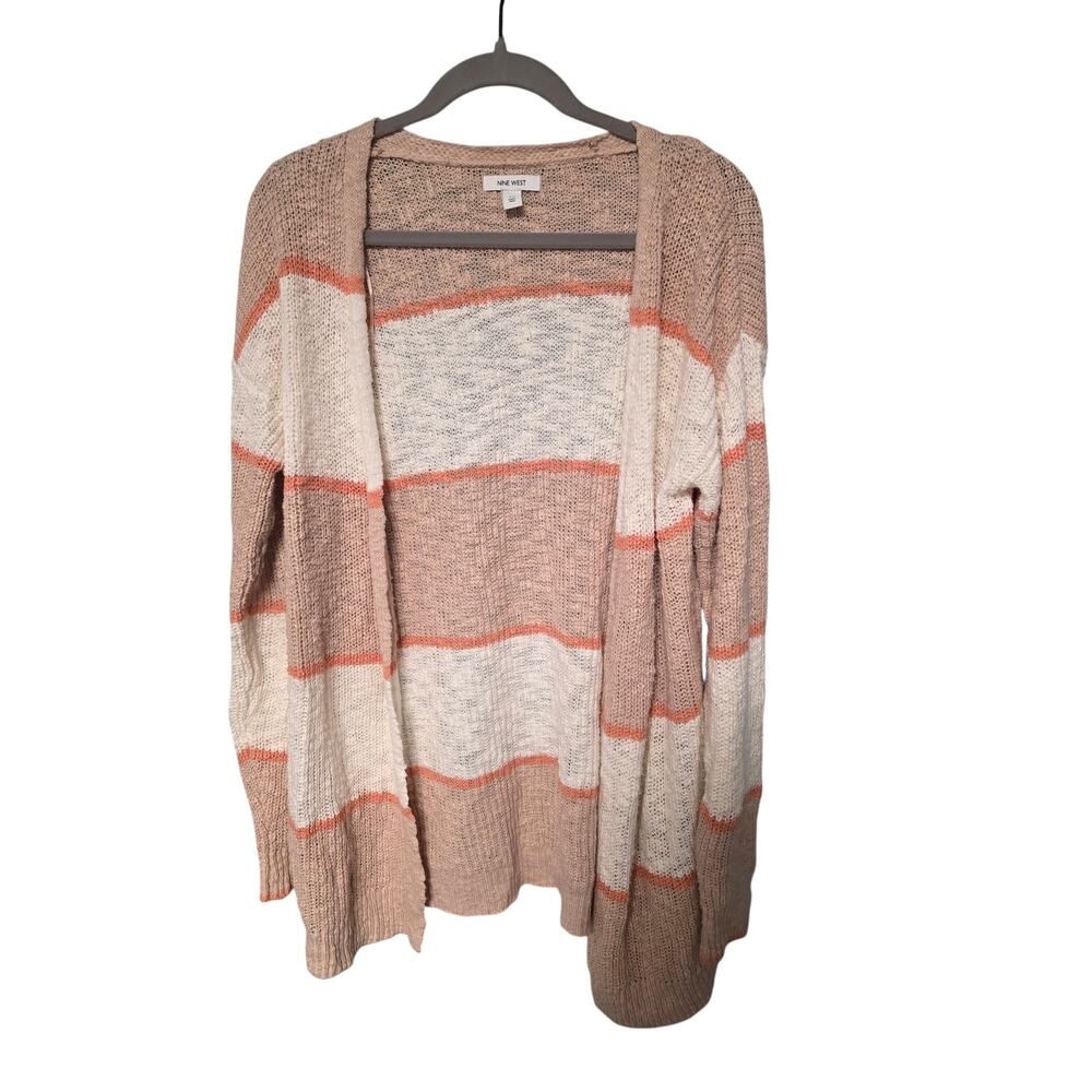 Nine West Cozy Striped Knit Cardigan Pink Cream Women's Medium Layering Soft